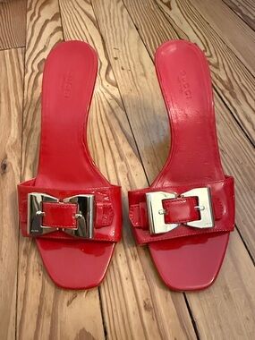 Gucci Red Patent Leather Slide Sandals with Gold Buckle Accent